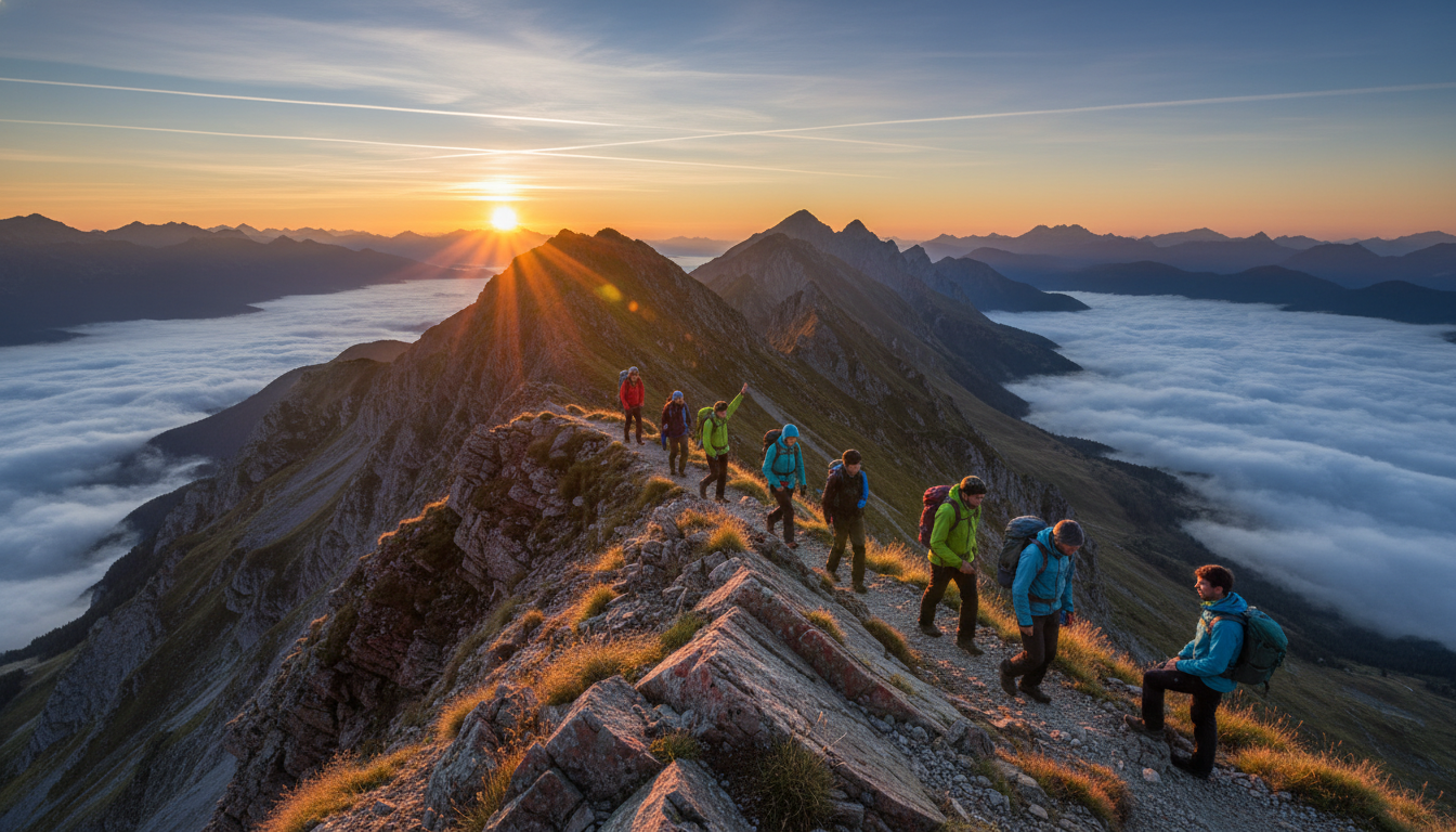 Hiking group on mountain ridge