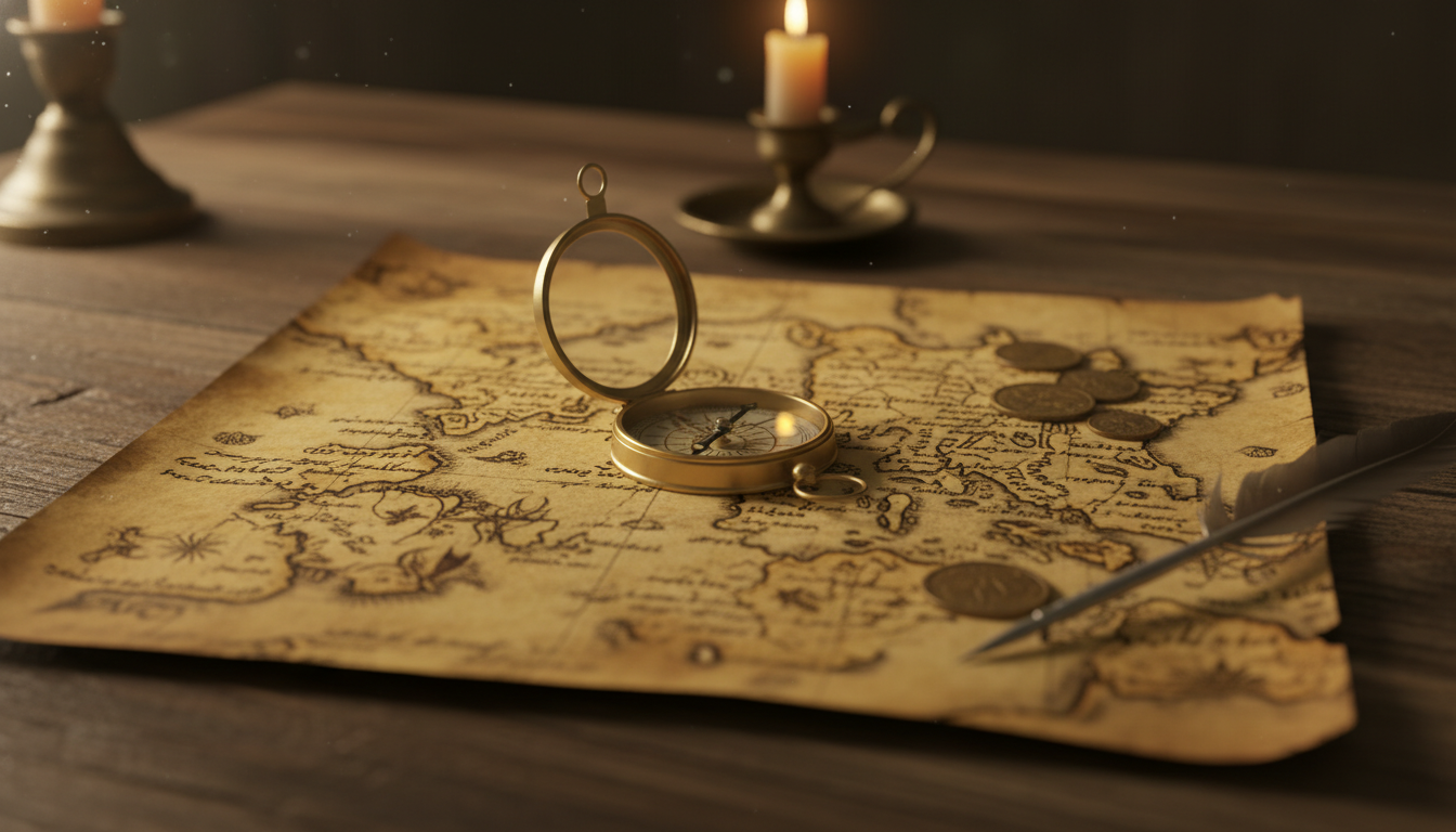 Old map and compass on table