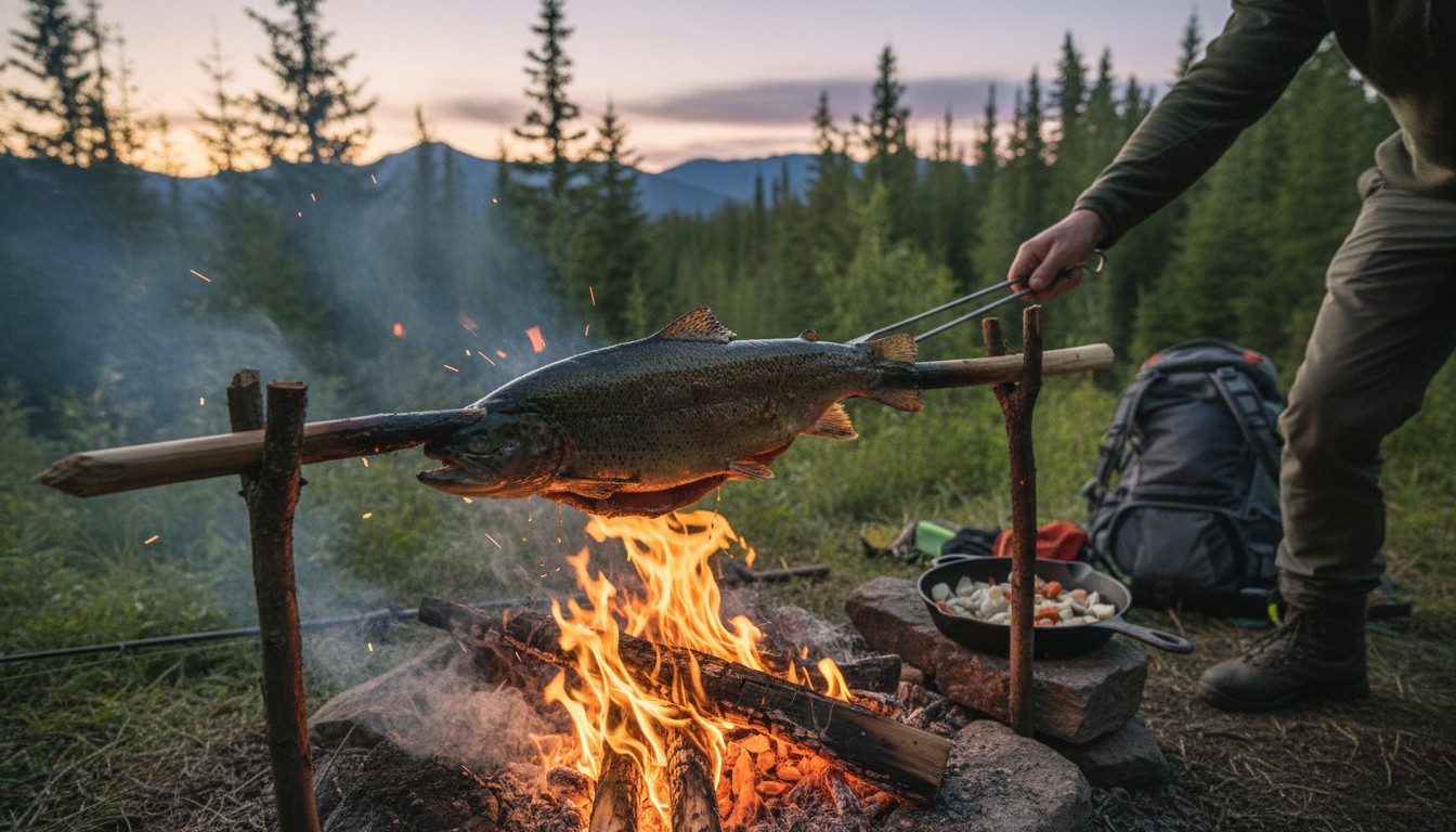 Cooking fish over campfire